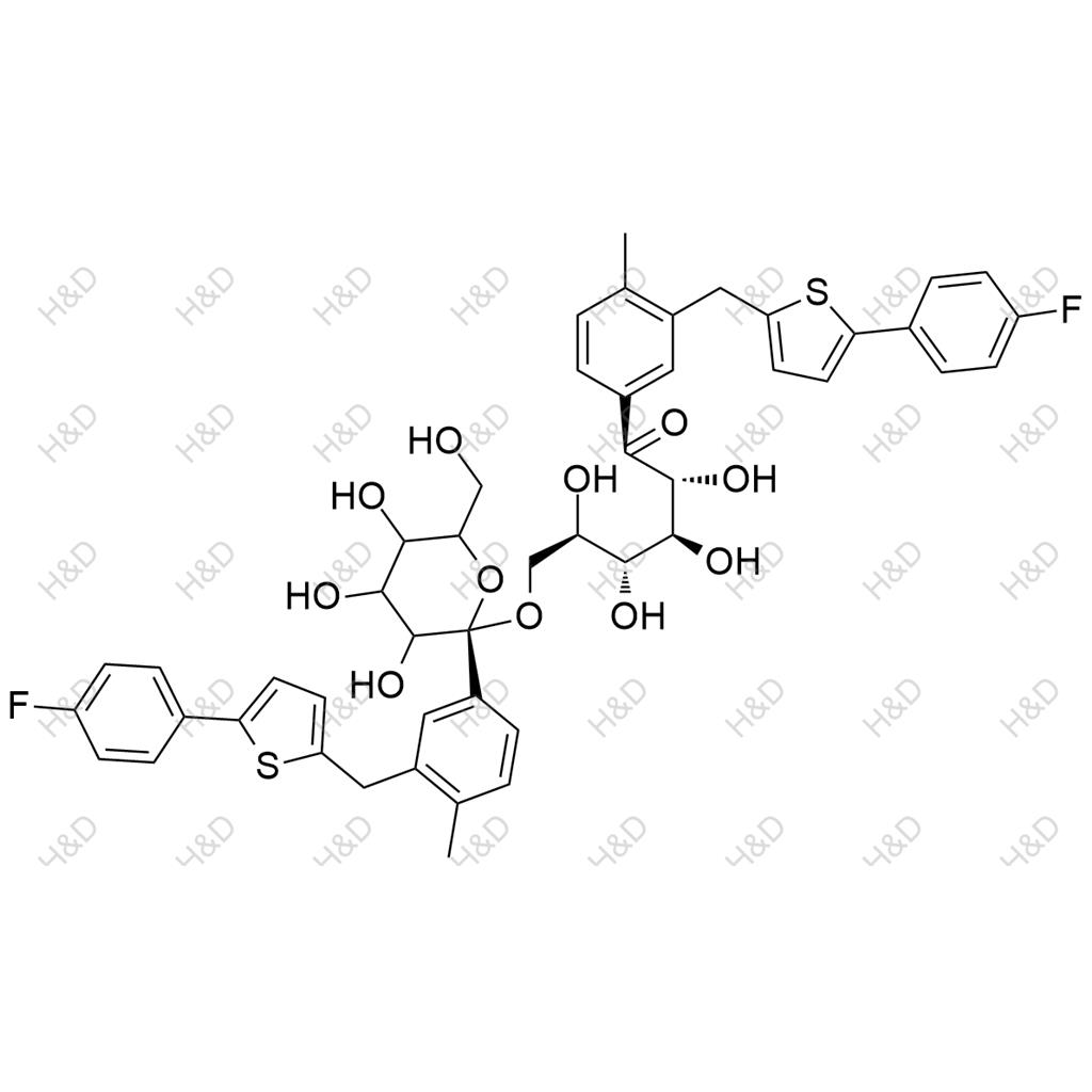 卡格列凈雜質(zhì)39,(2R,3S,4R,5R)-1-(3-((5-(4-fluorophenyl)thiophen-2-yl)methyl)-4-methylphenyl)-6-(((2S)-2-(3-((5-(4-fluorophenyl)thiophen-2-yl)methyl)-4-methylphenyl)-3,4,5-trihydroxy-6-(hydroxymethyl)tetrahydro-2H-pyran-2-yl)oxy)-2,3,4,5-tetrahydroxyhexan-1-one