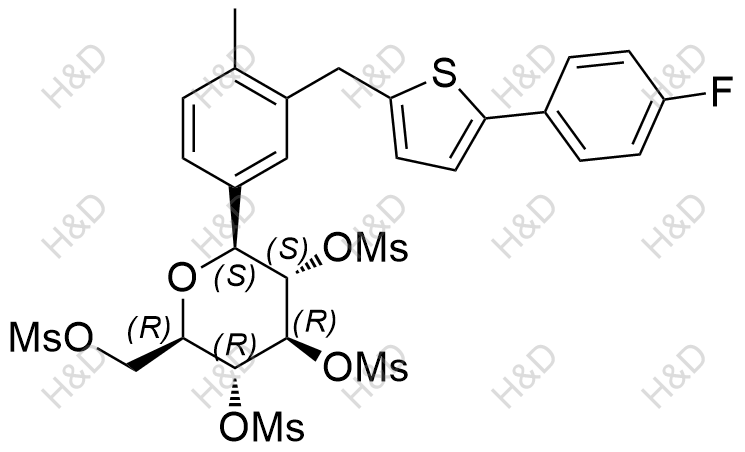 卡格列凈雜質(zhì)40,(2S,3S,4R,5R,6R)-2-(3-((5-(4-fluorophenyl)thiophen-2-yl)methyl)-4-methylphenyl)-6-(((methylsulfonyl)oxy)methyl)tetrahydro-2H-pyran-3,4,5-triyl trimethanesulfonate