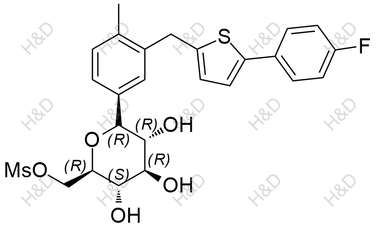 卡格列凈雜質(zhì)41,((2R,3S,4R,5R,6R)-6-(3-((5-(4-fluorophenyl)thiophen-2-yl)methyl)-4-methylphenyl)-3,4,5-trihydroxytetrahydro-2H-pyran-2-yl)methyl methanesulfonate