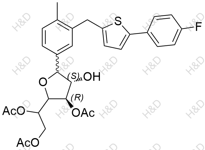 卡格列凈雜質(zhì)81,1-((3R,4S)-3-acetoxy-5-(3-((5-(4-fluorophenyl)thiophen-2-yl)methyl)-4-methylphenyl)-4-hydroxytetrahydrofuran-2-yl)ethane-1,2-diyl diacetate