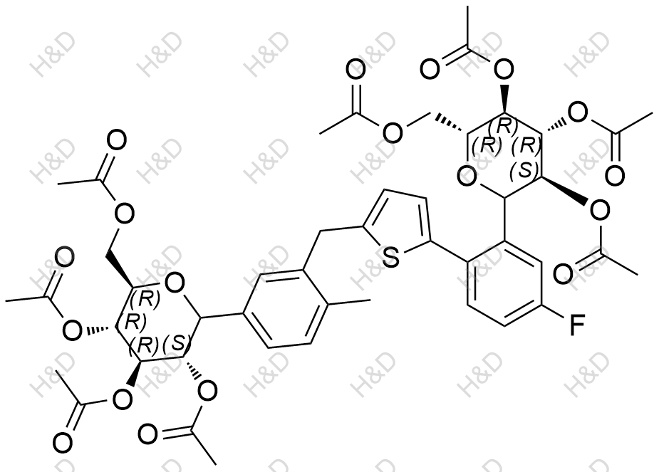 卡格列凈雜質(zhì)86,(2R,3R,4R,5S)-2-(acetoxymethyl)-6-(3-((5-(4-fluoro-2-((3S,4R,5R,6R)-3,4,5-triacetoxy-6-(acetoxymethyl)tetrahydro-2H-pyran-2-yl)phenyl)thiophen-2-yl)methyl)-4-methylphenyl)tetrahydro-2H-pyran-3,4,5-triyl triacetate