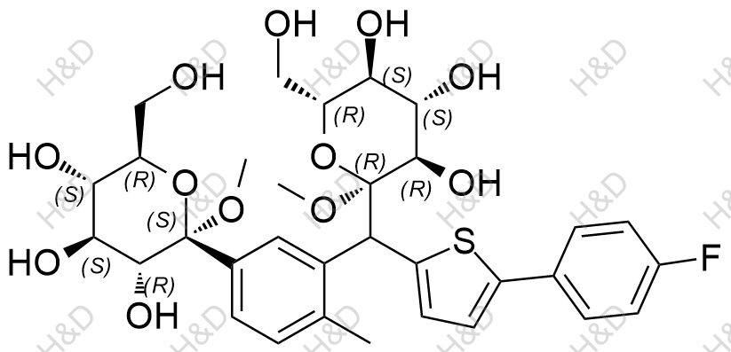 卡格列凈雜質91,(2S,3R,4S,5S,6R)-2-(3-((5-(4-fluorophenyl)thiophen-2-yl)((2R,3R,4S,5S,6R)-3,4,5-trihydroxy-6-(hydroxymethyl)-2-methoxytetrahydro-2H-pyran-2-yl)methyl)-4-methylphenyl)-6-(hydroxymethyl)-2-methoxytetrahydro-2H-pyran-3,4,5-triol