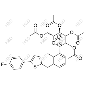 (2R,3R,6S)-2-(acetoxymethyl)-6-(3-((5-(4-fluorophenyl)thiophen-2-yl)methyl)-2-methylphenyl)tetrahydro-2H-pyran-3,4,5-triyl triacetate	卡格列净杂质9	