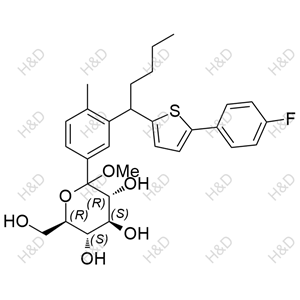 (3R,4S,5S,6R)-2-(3-(1-(5-(4-fluorophenyl)thiophen-2-yl)pentyl)-4-methylphenyl)-6-(hydroxymethyl)-2-methoxytetrahydro-2H-pyran-3,4,5-triol	卡格列净杂质44	