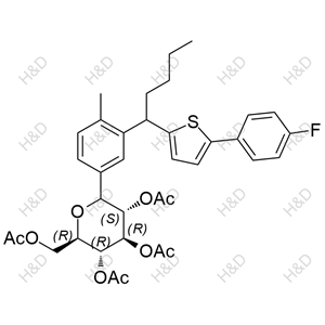 (2R,3R,4R,5S)-2-(acetoxymethyl)-6-(3-(1-(5-(4-fluorophenyl)thiophen-2-yl)pentyl)-4-methylphenyl)tetrahydro-2H-pyran-3,4,5-triyl triacetate	卡格列净杂质45	