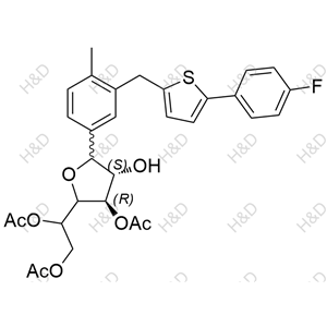 1-((3R,4S)-3-acetoxy-5-(3-((5-(4-fluorophenyl)thiophen-2-yl)methyl)-4-methylphenyl)-4-hydroxytetrahydrofuran-2-yl)ethane-1,2-diyl diacetate	卡格列净杂质81	