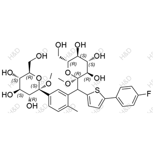 卡格列凈雜質91,(2S,3R,4S,5S,6R)-2-(3-((5-(4-fluorophenyl)thiophen-2-yl)((2R,3R,4S,5S,6R)-3,4,5-trihydroxy-6-(hydroxymethyl)-2-methoxytetrahydro-2H-pyran-2-yl)methyl)-4-methylphenyl)-6-(hydroxymethyl)-2-methoxytetrahydro-2H-pyran-3,4,5-triol