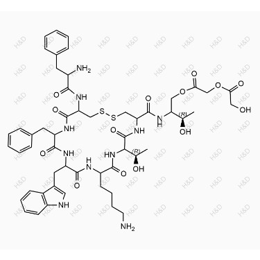 奧曲肽雜質(zhì)19,2-((3R)-2-(13-((1H-indol-3-yl)methyl)-19-(2-amino-3-phenylpropanamido)-10-(4-aminobutyl)-16-benzyl-7-((R)-1-hydroxyethyl)-6,9,12,15,18-pentaoxo-1,2-dithia-5,8,11,14,17-pentaazacycloicosane-4-carboxamido)-3-hydroxybutoxy)-2-oxoethyl 2-hydroxyacetate