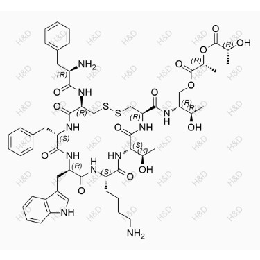 奧曲肽雜質(zhì)22,(R)-(R)-1-((2R,3R)-2-((4R,7S,10S,13R,16S,19R)-13-((1H-indol-3-yl)methyl)-19-((R)-2-amino-3-phenylpropanamido)-10-(4-aminobutyl)-16-benzyl-7-((R)-1-hydroxyethyl)-6,9,12,15,18-pentaoxo-1,2-dithia-5,8,11,14,17-pentaazacycloicosane-4-carboxamido)-3-hydroxybutoxy)-1-oxopropan-2-yl 2-hydroxypropanoate