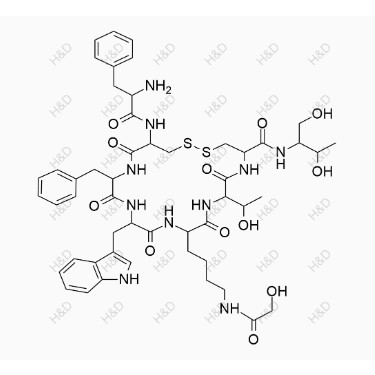 奧曲肽雜質(zhì)23,13-((1H-indol-3-yl)methyl)-19-(2-amino-3-phenylpropanamido)-16-benzyl-N-(1,3-dihydroxybutan-2-yl)-10-(4-(2-hydroxyacetamido)butyl)-7-(1-hydroxyethyl)-6,9,12,15,18-pentaoxo-1,2-dithia-5,8,11,14,17-pentaazacycloicosane-4-carboxamide