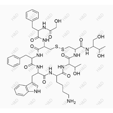 奧曲肽雜質(zhì)25,13-((1H-indol-3-yl)methyl)-10-(4-aminobutyl)-16-benzyl-N-(1,3-dihydroxybutan-2-yl)-19-(2-(2-hydroxyacetamido)-3-phenylpropanamido)-7-(1-hydroxyethyl)-6,9,12,15,18-pentaoxo-1,2-dithia-5,8,11,14,17-pentaazacycloicosane-4-carboxamide