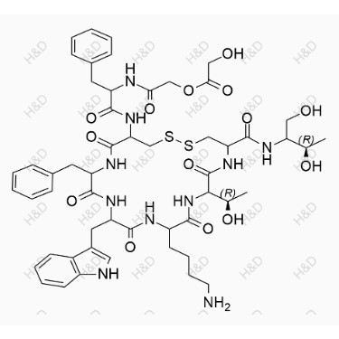 奧曲肽雜質(zhì)26,2-((1-((13-((1H-indol-3-yl)methyl)-10-(4-aminobutyl)-16-benzyl-4-(((3R)-1,3-dihydroxybutan-2-yl)carbamoyl)-7-((R)-1-hydroxyethyl)-6,9,12,15,18-pentaoxo-1,2-dithia-5,8,11,14,17-pentaazacycloicosan-19-yl)amino)-1-oxo-3-phenylpropan-2-yl)amino)-2-oxoethyl 2-hydroxyacetate