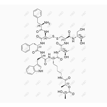 奧曲肽雜質(zhì)27,(R)-(S)-1-((4-((4R,7S,10S,13R,16S,19R)-13-((1H-indol-3-yl)methyl)-19-((R)-2-amino-3-phenylpropanamido)-16-benzyl-4-(((2R,3R)-1,3-dihydroxybutan-2-yl)carbamoyl)-7-((R)-1-hydroxyethyl)-6,9,12,15,18-pentaoxo-1,2-dithia-5,8,11,14,17-pentaazacycloicosan-10-yl)butyl)amino)-1-oxopropan-2-yl 2-hydroxypropanoate