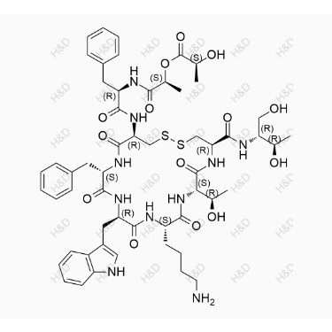 奧曲肽雜質(zhì)29,(S)-(S)-1-(((R)-1-(((4R,7S,10S,13R,16S,19R)-13-((1H-indol-3-yl)methyl)-10-(4-aminobutyl)-16-benzyl-4-(((2R,3R)-1,3-dihydroxybutan-2-yl)carbamoyl)-7-((R)-1-hydroxyethyl)-6,9,12,15,18-pentaoxo-1,2-dithia-5,8,11,14,17-pentaazacycloicosan-19-yl)amino)-1-oxo-3-phenylpropan-2-yl)amino)-1-oxopropan-2-yl 2-hydroxypropanoate