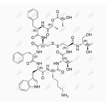 奧曲肽雜質(zhì)30,(R)-(R)-1-(((R)-1-(((4R,7S,10S,13R,16S,19R)-13-((1H-indol-3-yl)methyl)-10-(4-aminobutyl)-16-benzyl-4-(((2R,3R)-1,3-dihydroxybutan-2-yl)carbamoyl)-7-((R)-1-hydroxyethyl)-6,9,12,15,18-pentaoxo-1,2-dithia-5,8,11,14,17-pentaazacycloicosan-19-yl)amino)-1-oxo-3-phenylpropan-2-yl)amino)-1-oxopropan-2-yl 2-hydroxypropanoate