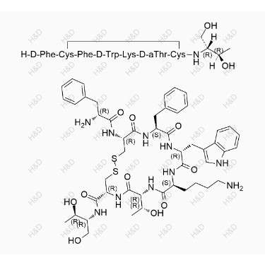 奧曲肽EP雜質A,[6-D-allothreonine]octreotide;(4R,7R,10S,13R,16S,19R)-13-((1H-indol-3-yl)methyl)-19-((R)-2-amino-3-phenylpropanamido)-10-(4-aminobutyl)-16-benzyl-N-((2R,3R)-1,3-dihydroxybutan-2-yl)-7-((R)-1-hydroxyethyl)-6,9,12,15,18-pentaoxo-1,2-dithia-5,8,11,14,17-pentaazacycloicosane-4-carboxamide