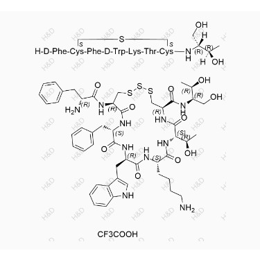 奧曲肽EP雜質(zhì)E(三氟乙酸鹽),(5R,8S,11S,14R,17S,20R)-14-((1H-indol-3-yl)methyl)-20-((R)-2-amino-3-phenylpropanamido)-11-(4-aminobutyl)-17-benzyl-N-((2R,3R)-1,3-dihydroxybutan-2-yl)-8-((R)-1-hydroxyethyl)-7,10,13,16,19-pentaoxo-1,2,3-trithia-6,9,12,15,18-pentaazacyclohenicosane-5-carboxamide 2,2,2-trifluoroacetate