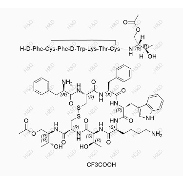 奧曲肽EP雜質F(三氟乙酸鹽),(2R,3R)-2-((4R,7S,10S,13R,16S,19R)-13-((1H-indol-3-yl)methyl)-19-((R)-2-amino-3-phenylpropanamido)-10-(4-aminobutyl)-16-benzyl-7-((R)-1-hydroxyethyl)-6,9,12,15,18-pentaoxo-1,2-dithia-5,8,11,14,17-pentaazacycloicosane-4-carboxamido)-3-hydroxybutyl acetate 2,2,2-trifluoroacetate