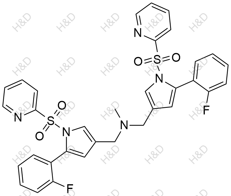 沃诺拉赞杂质58,1-(5-(2-fluorophenyl)-1-(pyridin-2-ylsulfonyl)-1H-pyrrol-3-yl)-N-((5-(2-fluorophenyl)-1-(pyridin-2-ylsulfonyl)-1H-pyrrol-3-yl)methyl)-N-methylmethanamine