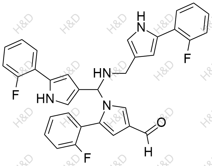 沃諾拉贊雜質82,5-(2-fluorophenyl)-1-((5-(2-fluorophenyl)-1H-pyrrol-3-yl)(((5-(2-fluorophenyl)-1H-pyrrol-3-yl)methyl)amino)methyl)-1H-pyrrole-3-carbaldehyde