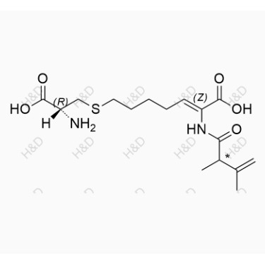 西司他丁雜質(zhì)F,(Z)-7-(((R)-2-amino-2-carboxyethyl)thio)-2-(2,3-dimethylbut-3-enamido)hept-2-enoic acid