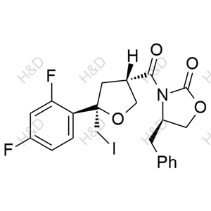 (R)-4-benzyl-3-((3S,5R)-5-(2,4-difluorophenyl)-5-(iodomethyl)tetrahydrofuran-3-carbonyl)oxazolidin-2-one	泊沙康唑杂质22	