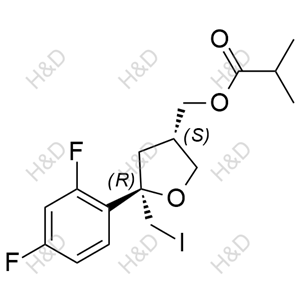 ((3S,5R)-5-(2,4-difluorophenyl)-5-(iodomethyl)tetrahydrofuran-3-yl)methyl isobutyrate	泊沙康唑杂质60	1042398-26-4