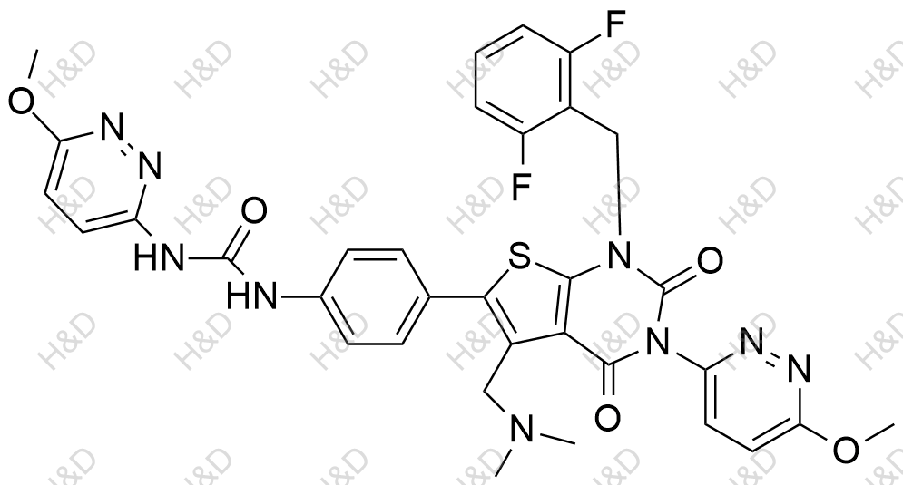 瑞盧戈利雜質(zhì)114,1-(4-(1-(2,6-difluorobenzyl)-5-((dimethylamino)methyl)-3-(6-methoxypyridazin-3-yl)-2,4-dioxo-1,2,3,4-tetrahydrothieno[2,3-d]pyrimidin-6-yl)phenyl)-3-(6-methoxypyridazin-3-yl)urea