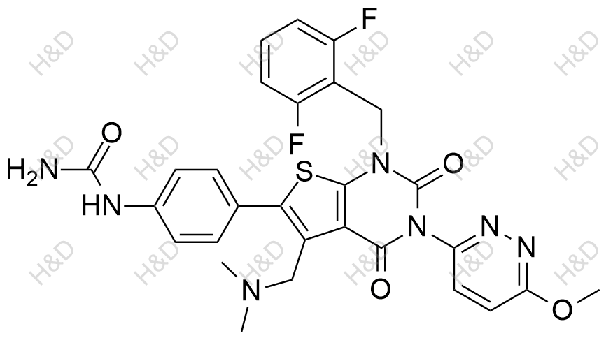 瑞盧戈利雜質(zhì)120,1-(4-(1-(2,6-difluorobenzyl)-5-((dimethylamino)methyl)-3-(6-methoxypyridazin-3-yl)-2,4-dioxo-1,2,3,4-tetrahydrothieno[2,3-d]pyrimidin-6-yl)phenyl)urea