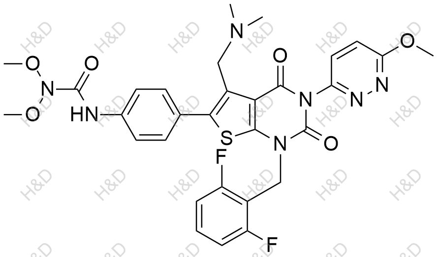 瑞盧戈利雜質(zhì)129,3-(4-(1-(2,6-difluorobenzyl)-5-((dimethylamino)methyl)-3-(6-methoxypyridazin-3-yl)-2,4-dioxo-1,2,3,4-tetrahydrothieno[2,3-d]pyrimidin-6-yl)phenyl)-1,1-dimethoxyurea