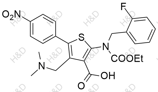 瑞盧戈利雜質(zhì)131,4-((dimethylamino)methyl)-2-((ethoxycarbonyl)(2-fluorobenzyl)amino)-5-(4-nitrophenyl)thiophene-3-carboxylic acid