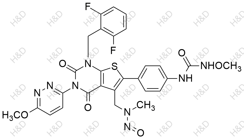 瑞卢戈利杂质133,1-(4-(1-(2,6-difluorobenzyl)-3-(6-methoxypyridazin-3-yl)-5-((methyl(nitroso)amino)methyl)-2,4-dioxo-1,2,3,4-tetrahydrothieno[2,3-d]pyrimidin-6-yl)phenyl)-3-methoxyurea