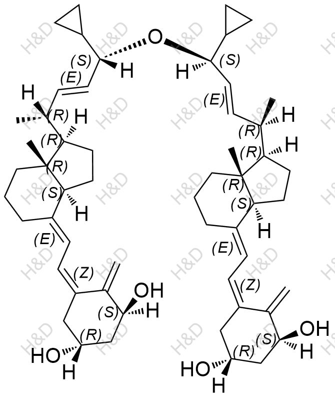 卡泊三醇EP雜質(zhì)G,(1R,1'R,3S,3'S,5Z,5'Z)-5,5'-((2E,2'E)-((1R,1'R,3aS,3a'S,7aR,7a'R)-((2R,2'R,3E,3'E,5S,5'S)-oxybis(5-cyclopropylpent-3-ene-5,2-diyl))bis(7a-methylhexahydro-1H-indene-1(2H)-yl-4(2H)-ylidene))bis(ethane-2,1-diylidene))bis(4-methylenecyclohexane-1,3-diol)