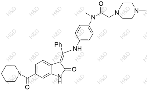 尼達尼布雜質30,(Z)-N-methyl-2-(4-methylpiperazin-1-yl)-N-(4-(((2-oxo-6-(piperidine-1-carbonyl)indolin-3-ylidene)(phenyl)methyl)amino)phenyl)acetamide