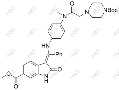 尼達(dá)尼布雜質(zhì)33,(E)-methyl 3-(((4-(2-(4-(tert-butoxycarbonyl)piperazin-1-yl)-N-methylacetamido)phenyl)amino)(phenyl)methylene)-2-oxoindoline-6-carboxylate