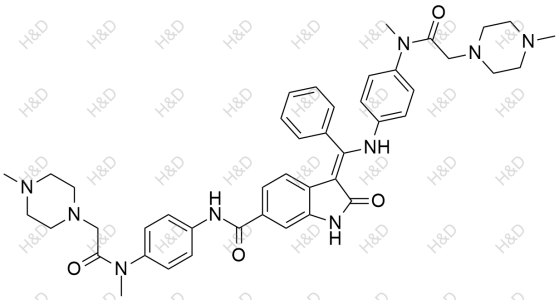 尼達尼布雜質34,(Z)-N-(4-(N-methyl-2-(4-methylpiperazin-1-yl)acetamido)phenyl)-3-(((4-(N-methyl-2-(4-methylpiperazin-1-yl)acetamido)phenyl)amino)(phenyl)methylene)-2-oxoindoline-6-carboxamide