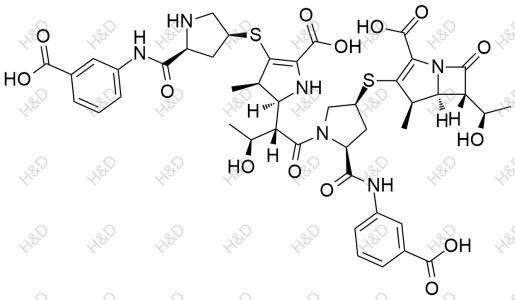 厄他培南二聚體I,(4R,5S,6S)-3-(((3S,5S)-1-((2S,3S)-2-((2S,3R)-5-carboxy-4-(((3S,5S)-5-((3-carboxyphenyl)carbamoyl)pyrrolidin-3-yl)thio)-3-methyl-2,3-dihydro-1H-pyrrol-2-yl)-3-hydroxybutanoyl)-5-((3-carboxyphenyl)carbamoyl)pyrrolidin-3-yl)thio)-6-((R)-1-hydroxyethyl)-4-methyl-7-oxo-1-azabicyclo[3.2.0]hept-2-ene-2-carboxylic acid