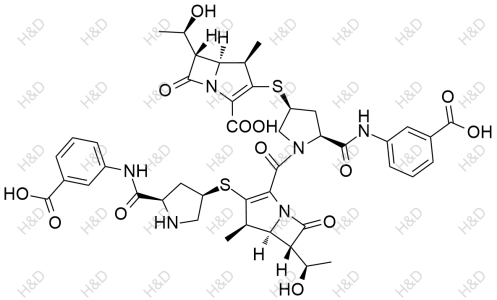 厄他培南雜質(zhì)7,(4R,5S,6S)-3-(((3S,5S)-5-((3-carboxyphenyl)carbamoyl)-1-((4R,5S,6S)-3-(((3R,5R)-5-((3-carboxyphenyl)carbamoyl)pyrrolidin-3-yl)thio)-6-((R)-1-hydroxyethyl)-4-methyl-7-oxo-1-azabicyclo[3.2.0]hept-2-ene-2-carbonyl)pyrrolidin-3-yl)thio)-6-((R)-1-hydroxyethyl)-4-methyl-7-oxo-1-azabicyclo[3.2.0]hept-2-ene-2-carboxylic acid