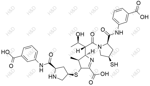 厄他培南雜質(zhì)8,(2R,3S)-2-((2R,3R)-1-((2R,4R)-2-((3-carboxyphenyl)carbamoyl)-4-mercaptopyrrolidin-1-yl)-3-hydroxy-1-oxobutan-2-yl)-4-(((3R,5R)-5-((3-carboxyphenyl)carbamoyl)pyrrolidin-3-yl)thio)-3-methyl-3,4-dihydro-2H-pyrrole-5-carboxylic acid