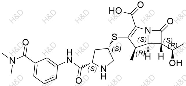 厄他培南雜質(zhì)16,(4R,5S,6S)-3-(((3S,5S)-5-((3-(dimethylcarbamoyl)phenyl)carbamoyl)pyrrolidin-3-yl)thio)-6-((R)-1-hydroxyethyl)-4-methyl-7-oxo-1-azabicyclo[3.2.0]hept-2-ene-2-carboxylic acid