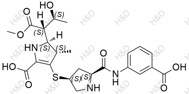 厄他培南雜質(zhì)25,(4S,5S)-3-(((3S,5S)-5-((3-carboxyphenyl)carbamoyl)pyrrolidin-3-yl)thio)-5-((2S,3S)-3-hydroxy-1-methoxy-1-oxobutan-2-yl)-4-methyl-4,5-dihydro-1H-pyrrole-2-carboxylic acid