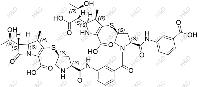 厄他培南二聚體Ⅳ,(4R,5S,6S)-3-(((3S,5S)-5-((3-((2S,4S)-4-(((4R,5S)-2-carboxy-5-((1S,2R)-1-carboxy-2-hydroxypropyl)-4-methyl-4,5-dihydro-1H-pyrrol-3-yl)thio)-2-((3-carboxyphenyl)carbamoyl)pyrrolidine-1-carbonyl)phenyl)carbamoyl)pyrrolidin-3-yl)thio)-6-((R)-1-hydroxyethyl)-4-methyl-7-oxo-1-azabicyclo[3.2.0]hept-2-ene-2-carboxylic acid