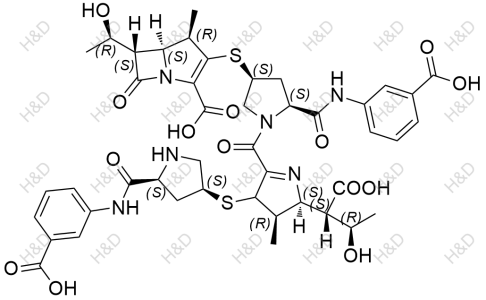 厄他培南二聚體Ⅵ,(4R,5S,6S)-3-(((3S,5S)-1-((2S,3R)-2-((1S,2R)-1-carboxy-2-hydroxypropyl)-4-(((3S,5S)-5-((3-carboxyphenyl)carbamoyl)pyrrolidin-3-yl)thio)-3-methyl-3,4-dihydro-2H-pyrrole-5-carbonyl)-5-((3-carboxyphenyl)carbamoyl)pyrrolidin-3-yl)thio)-6-((R)-1-hydroxyethyl)-4-methyl-7-oxo-1-azabicyclo[3.2.0]hept-2-ene-2-carboxylic acid