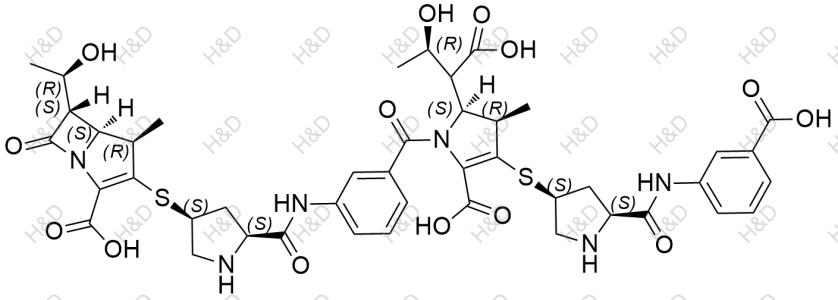 厄他培南雜質(zhì)49,(4R,5S,6S)-3-(((3S,5S)-5-((3-((2S,3R)-5-carboxy-2-((2R)-1-carboxy-2-hydroxypropyl)-4-(((3S,5S)-5-((3-carboxyphenyl)carbamoyl)pyrrolidin-3-yl)thio)-3-methyl-2,3-dihydro-1H-pyrrole-1-carbonyl)phenyl)carbamoyl)pyrrolidin-3-yl)thio)-6-((R)-1-hydroxyethyl)-4-methyl-7-oxo-1-azabicyclo[3.2.0]hept-2-ene-2-carboxylic acid