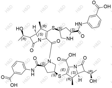 厄他培南杂质50,(4R,5S)-3-(((3S,5S)-5-((3-carboxyphenyl)carbamoyl)-1-((4R,5S)-3-(((3S,5S)-5-((3-carboxyphenyl)carbamoyl)pyrrolidin-3-yl)thio)-6-((R)-1-hydroxyethyl)-4-methyl-7-oxo-1-azabicyclo[3.2.0]hept-2-ene-2-carbonyl)pyrrolidin-3-yl)thio)-6-((R)-1-hydroxyethyl)-4-methyl-7-oxo-1-azabicyclo[3.2.0]hept-2-ene-2-carboxylic acid