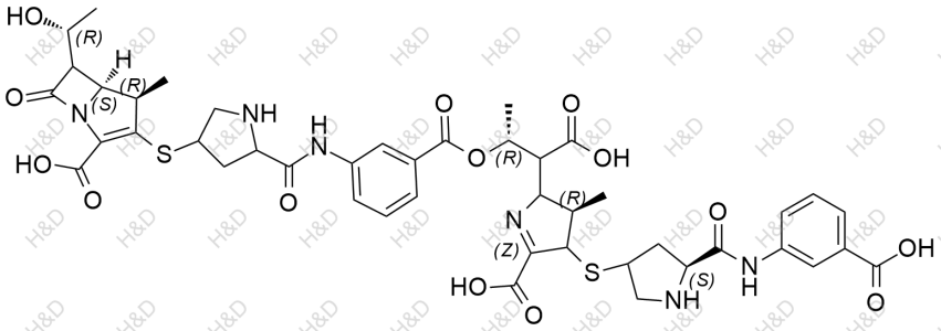 厄他培南雜質(zhì)52,(4R,5S)-3-((5-((3-((((2R)-1-carboxy-1-((3R)-5-carboxy-4-(((5S)-5-((3-carboxyphenyl)carbamoyl)pyrrolidin-3-yl)thio)-3-methyl-3,4-dihydro-2H-pyrrol-2-yl)propan-2-yl)oxy)carbonyl)phenyl)carbamoyl)pyrrolidin-3-yl)thio)-6-((R)-1-hydroxyethyl)-4-methyl-7-oxo-1-azabicyclo[3.2.0]hept-2-ene-2-carboxylic acid