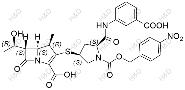 厄他培南雜質(zhì)59,(4R,5S,6S)-3-(((3S,5S)-5-((3-carboxyphenyl)carbamoyl)-1-(((4-nitrobenzyl)oxy)carbonyl)pyrrolidin-3-yl)thio)-6-((R)-1-hydroxyethyl)-4-methyl-7-oxo-1-azabicyclo[3.2.0]hept-2-ene-2-carboxylic acid