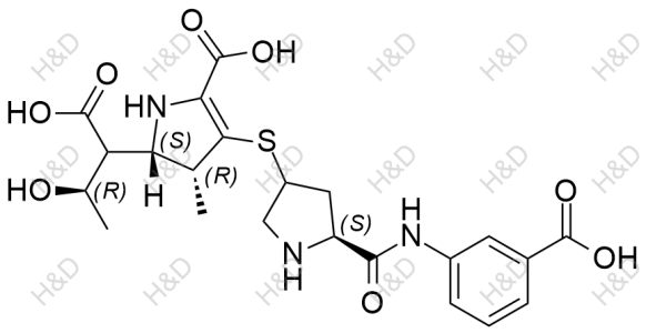 厄他培南雜質(zhì)62,(4R,5S)-5-((2R)-1-carboxy-2-hydroxypropyl)-3-(((5S)-5-((3-carboxyphenyl)carbamoyl)pyrrolidin-3-yl)thio)-4-methyl-4,5-dihydro-1H-pyrrole-2-carboxylic acid