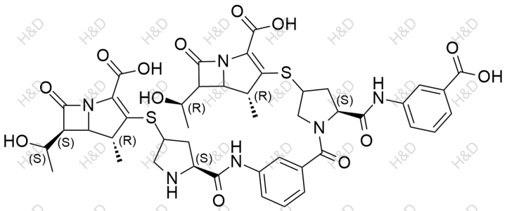 厄他培南雜質(zhì)63,(4R,6S)-3-(((5S)-5-((3-((2S)-4-(((4R)-2-carboxy-6-((R)-1-hydroxyethyl)-4-methyl-7-oxo-1-azabicyclo[3.2.0]hept-2-en-3-yl)thio)-2-((3-carboxyphenyl)carbamoyl)pyrrolidine-1-carbonyl)phenyl)carbamoyl)pyrrolidin-3-yl)thio)-6-((S)-1-hydroxyethyl)-4-methyl-7-oxo-1-azabicyclo[3.2.0]hept-2-ene-2-carboxylic acid