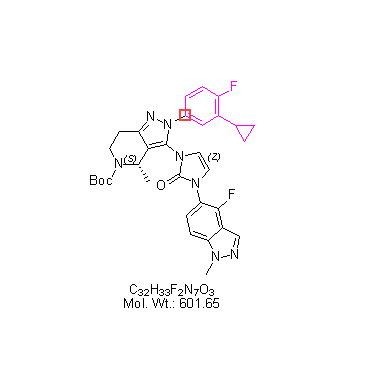 詢價(jià)請(qǐng)用代號(hào): GLP1-A,(S)-tert-butyl 2-(3-cyclopropyl-4-fluorophenyl)-3-(3-(4-fluoro-1-methyl-1H-indazol-5-yl)-2,3-dihydro-2-oxoimidazol-1-yl)-6,7-dihydro-4-methyl-2H-pyrazolo[4,3-c]pyridine-5(4H)-carboxylate